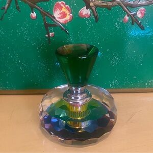 Perfume Glass Bottle Round Rainbow Geometric Prism w/ Green Stopper Vintage